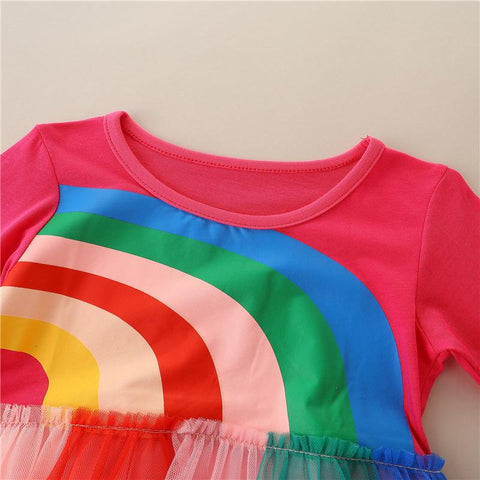 Fall Children Girls Cotton Princess Dress Rainbow Print-Veeddydropshipping