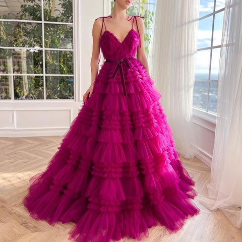 A-Line Spaghetti Straps Tulle Evening Dress-Veeddydropshipping
