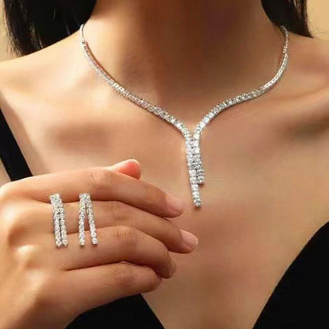 Simple Zircon Necklace Earrings Women Crystal Earrings for Wedding-JW01335-Veeddydropshipping