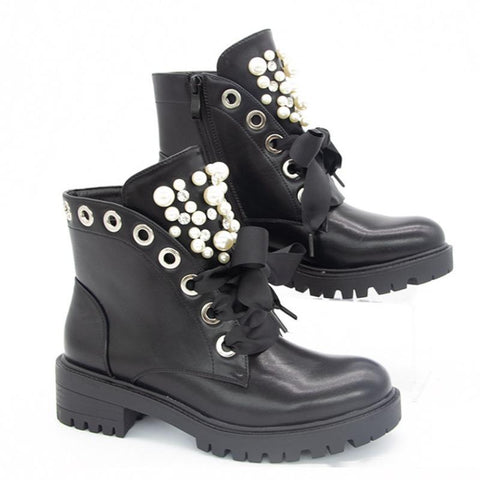 Autumn Black Round Toe Solid Color Lace-up Motorcycle-BS00972-Veeddydropshipping