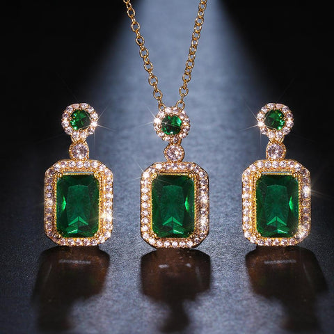 Fashion Bridal Cubic Zircon Green Stone Necklace Earrings Sets -JW00329-Veeddydropshipping