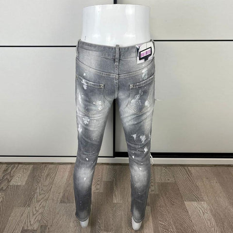 Gray Elastic Slim Fit Hole Ripped Jeans Men Stretch Trousers-MF00574-Veeddydropshipping