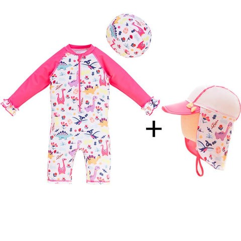 1-6 Years Old Baby Girls Swimsuit Sun Protection Cap Set Long Sleeves One Piece Swimwear -OS00165-Veeddydropshipping