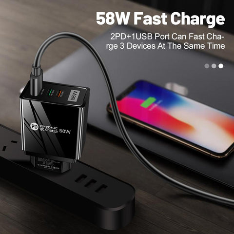3 Ports Mobile Phone Charging PD Type-C+QC3.0 58W USB Wall Fast Charger US EU Plug-PA00383-Veeddydropshipping