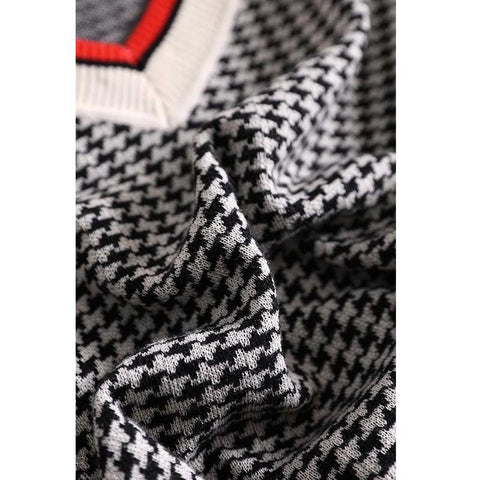 V-neck Houndstooth Casual Fashion Sweater-WF00094-Veeddydropshipping