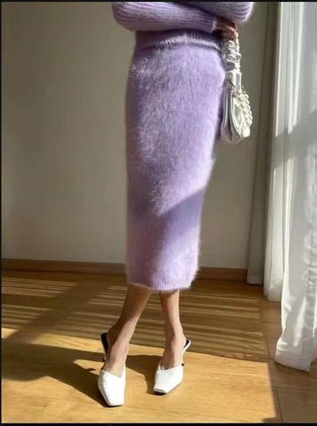 Women Real Mink Cashmere Velvet Midskirt Knit Skirt-WF00410-Veeddydropshipping
