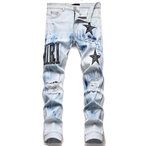 Jean Men Embroidery Patchwork Ripped Jeans Trend-MF00653-Veeddydropshipping