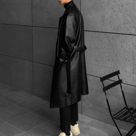 Faux Leather Trench Coat Men Drop Shoulder Belt Faux-MF01376-Veeddydropshipping