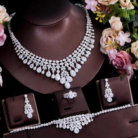 Tassel Water Drop Big Wedding Bridal Necklace Earrings 4 Pieces -JW00295-Veeddydropshipping