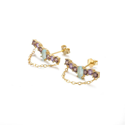925 Sterling Silver Gold Plating Colorful Zircon Chain Stud Earrings for Women-JW00071-Veeddydropshipping