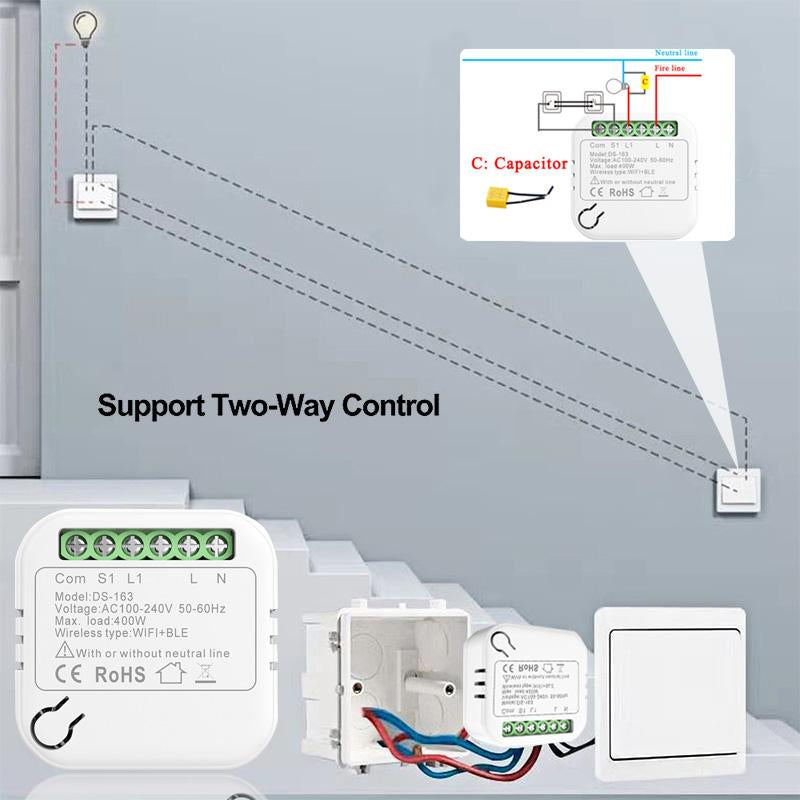 WIFI Light Mini Switch Moudle No Neutral Wire Relay Supports 2 Way-TI01132-Veeddydropshipping