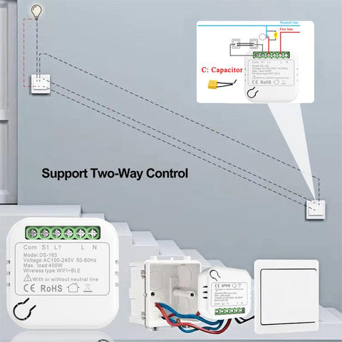 WIFI Light Mini Switch Moudle No Neutral Wire Relay Supports 2 Way-TI01132-Veeddydropshipping