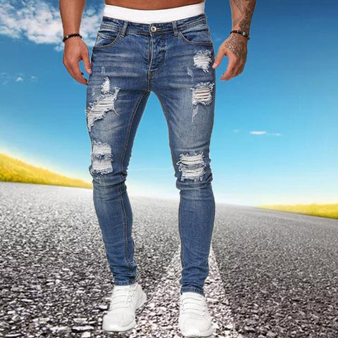 Jeans Blue Slim Fit Hole Pencil Pants Biker Casual Trousers-MF00446-Veeddydropshipping