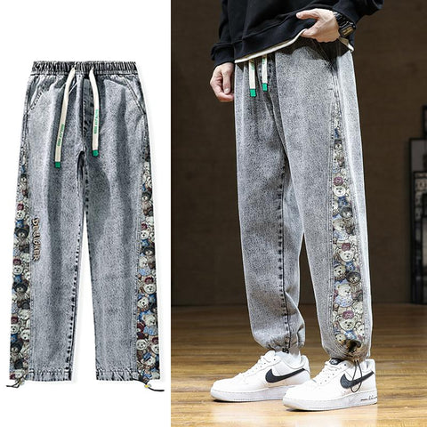 Jeans Baggy Pants Fashion Bear Patchwork Wide  Leg Denim-MF00556-Veeddydropshipping