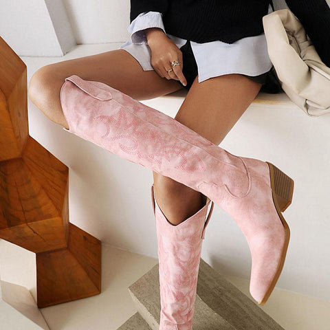 Female Western mid calf Boots Chunky Heels Slip On Autumn Winter-BS00941-Veeddydropshipping