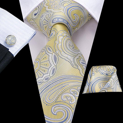 Floral Yellow Gold Ties and Handkerchiefs Cufflinks Set Men-JW01306-Veeddydropshipping