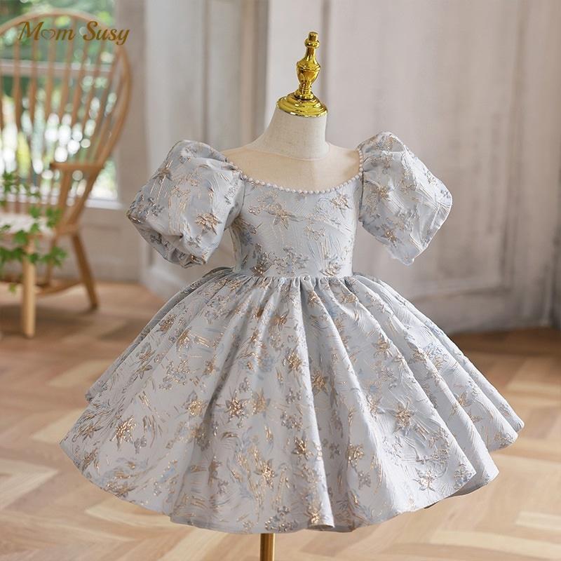 Baby Girl Princess Pearl Beading Satin Dress Puff Sleeve Child Vintage-TB00862-Veeddydropshipping