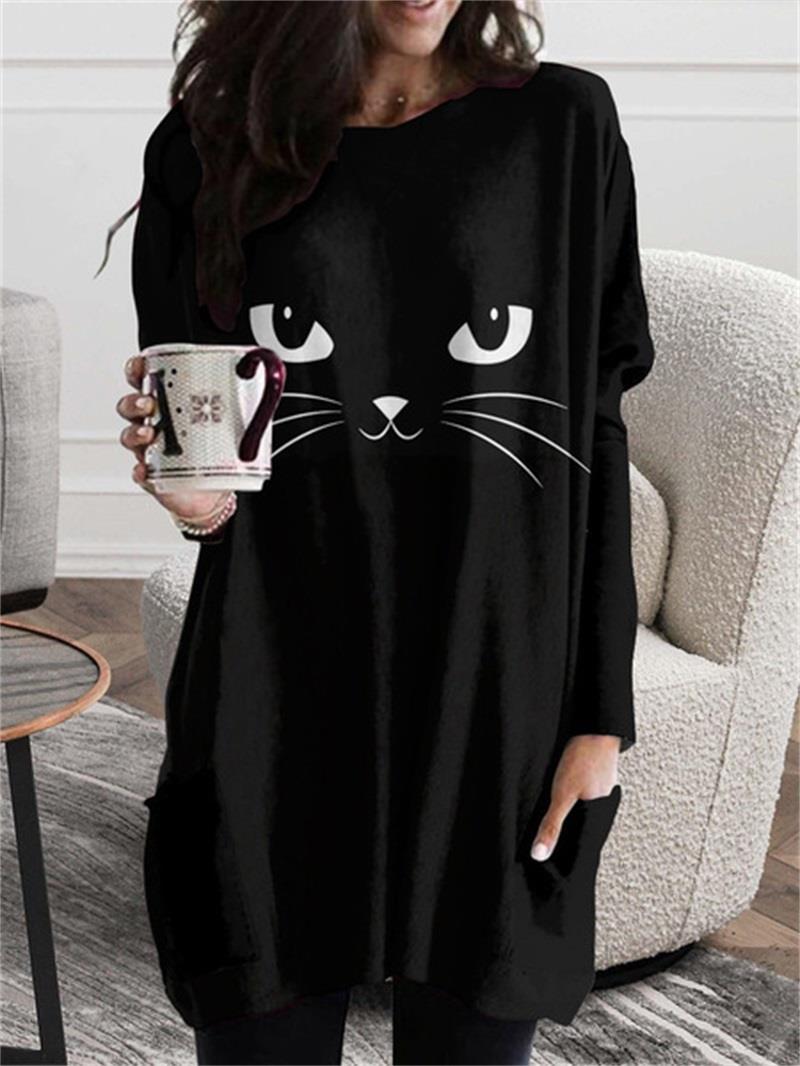 Long Hoodless Sweatshirt 3D Printing Black Cat Pattern-WF00255-Veeddydropshipping