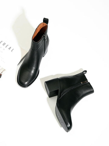 Thick-heeled  boots women leather single boots square toe short-BS01034-Veeddydropshipping