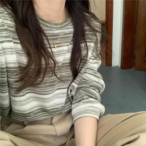 Women Striped Long Sleeve T-Shirt Korean Style Oversized-WF00248-Veeddydropshipping