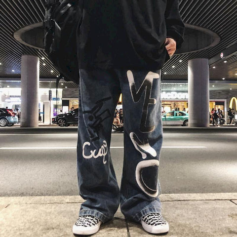 Wear Blue Yuansu Vintage Jeans Graffiti Wide Leg Wrap Straight-MF00437-Veeddydropshipping