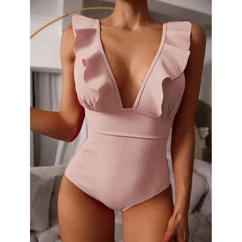 Sexy Ruffle Swimwear Women`s 2022 Deep V One Piece Swimsuit Female Bathing -OS00117-Veeddydropshipping