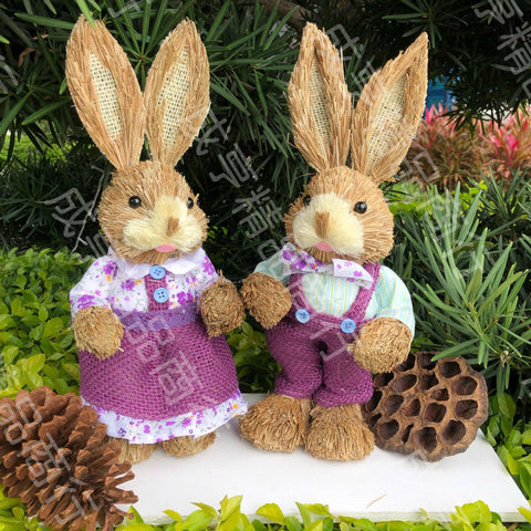 Straw Standing Rabbits Hand Woven Pastoral-HA00310-Veeddydropshipping