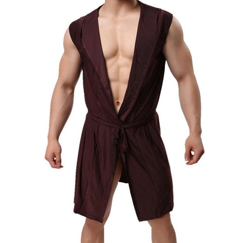Sleeveless Oversized Silky Male Pajamas Hooded Bathrobe Ultra-thin Homewear-MF01599-Veeddydropshipping