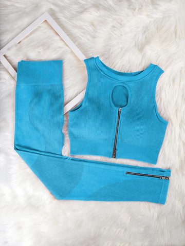 Wash Ribbed Yoga Suit Zipper Shockproof Running Bra  Butt Lift Workout Leggings -OS00900-Veeddydropshipping