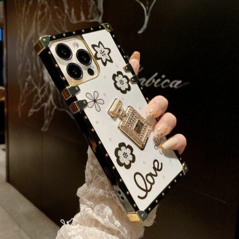 iPhone 14 13 12 11 XS XR 8 Case Rhinestone Flower 3D Perfume Bottle Square Cover-PA00168-Veeddydropshipping