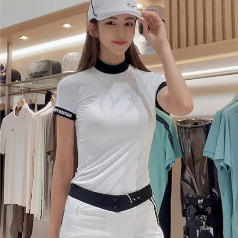 Golf women's summer stand collar short sleeve printed T-shirt side mesh -OS00886-Veeddydropshipping