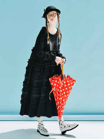spring black velvet pressed lace neck long dress-WF00091-Veeddydropshipping