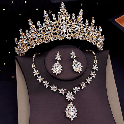 Luxury Crystal Crown Jewelry Sets Bridal Necklace Earring Set  -JW00294-Veeddydropshipping
