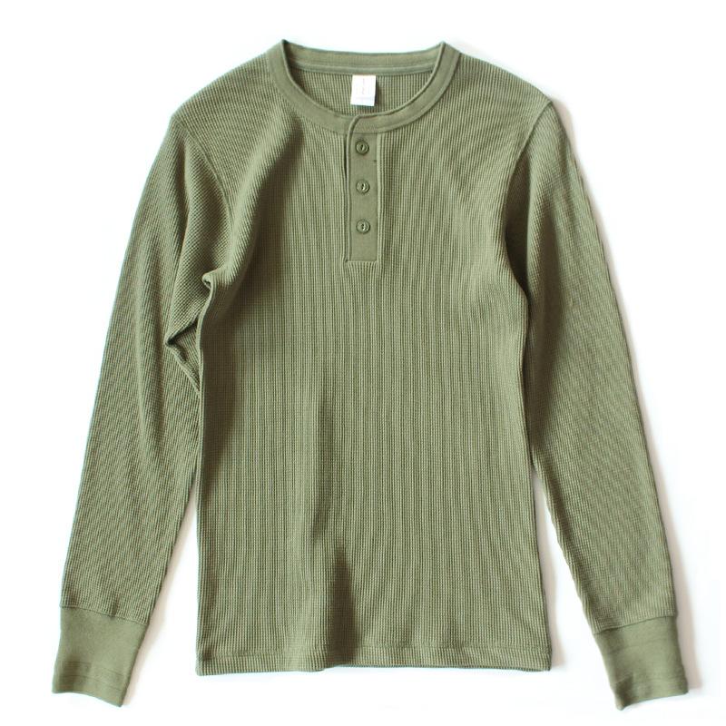 Thick American vintage khaki sweater shirt Waffle cotton Henry collar long sleeve-Veeddydropshipping