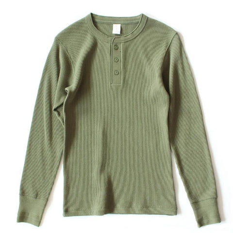 Thick American vintage khaki sweater shirt Waffle cotton Henry collar long sleeve-Veeddydropshipping