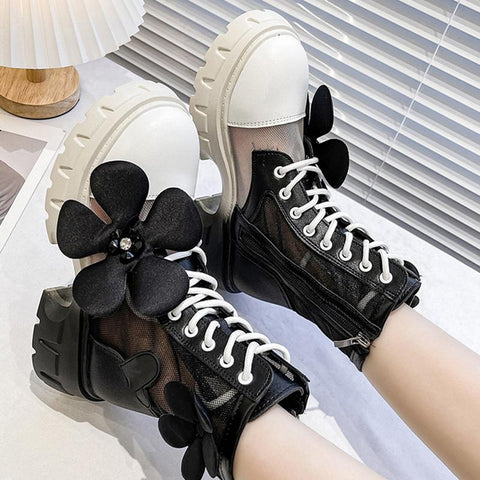 Brand Bow Chelsea Shoes Autumn Mesh Chunky Motorcycle-BS01063-Veeddydropshipping