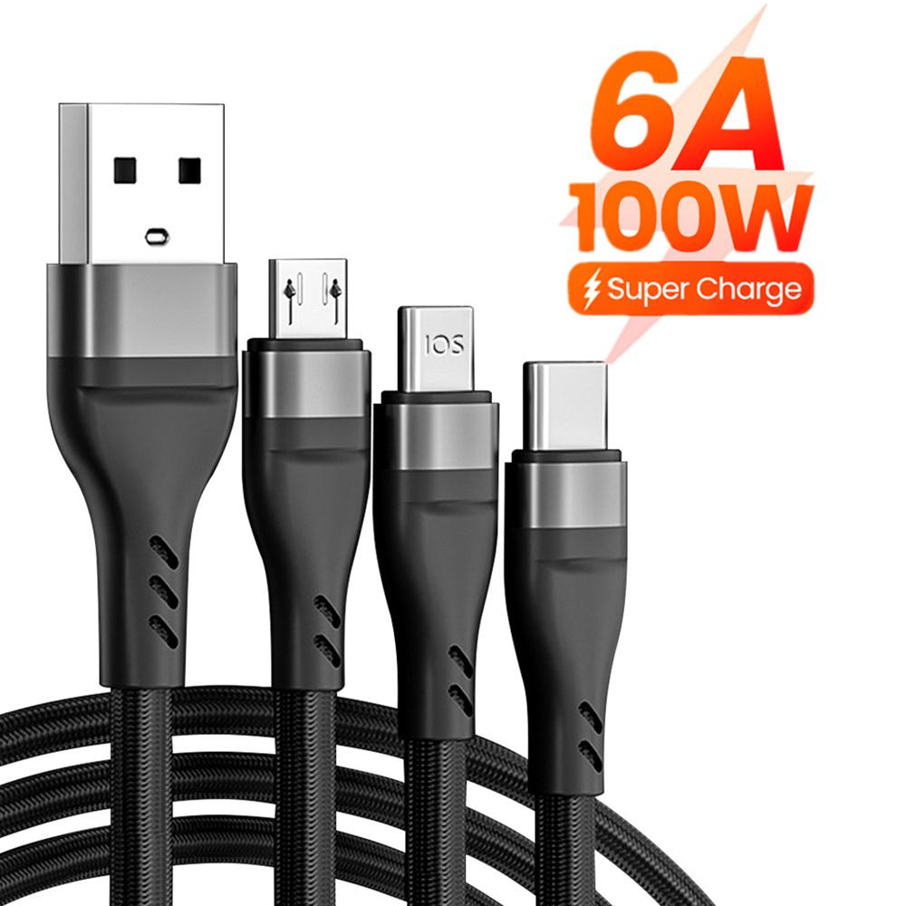 100W 3 in 1 SuperCharging Cable 6A Micro USB Type-C Fast Charger  Type-C Cable Data Cable-PA01017-Veeddydropshipping