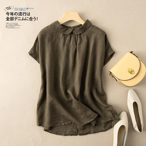 Short-sleeved Cotton Top Vintage Turn-down Collar Solid Shirt-Veeddydropshipping