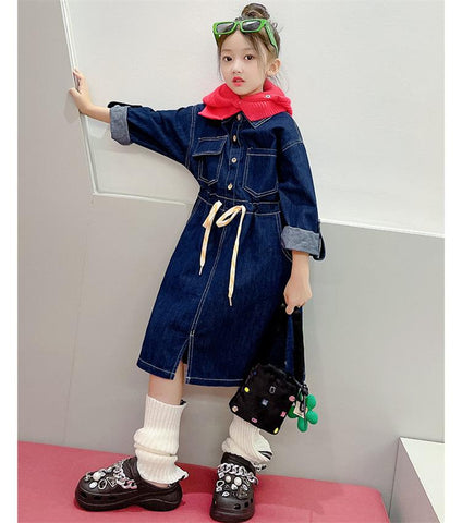 Kids Girl Denim Dresses Pockets Ropes-Veeddydropshipping