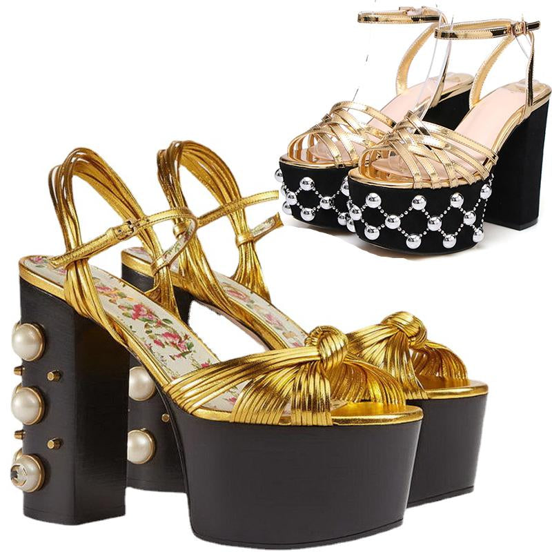 Metal Platform Sandals Large 34-42 Super High Heel Thick Bottom Rivet-BS00846-Veeddydropshipping
