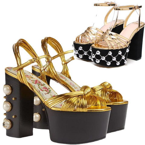 Metal Platform Sandals Large 34-42 Super High Heel Thick Bottom Rivet-BS00846-Veeddydropshipping