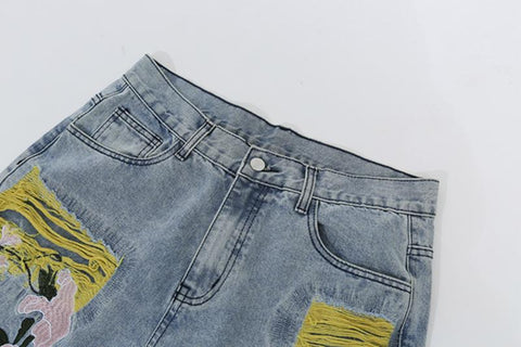 Mens Hole Embroidery Baggy Casual Denim Trousers Unisex-MF00585-Veeddydropshipping