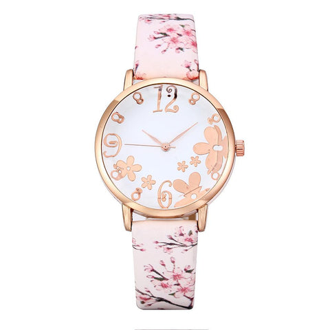 New Fashion Flowers Printed Belt Dial Watch Female Student Quartz Watch