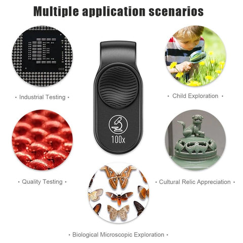 100X Mobile Phone Microscope Lens LED Light Pocket Mini Magnifying Glass Microscopes With-PA00656-Veeddydropshipping