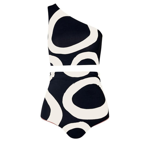 Colorblock Round Print Swimsuit Suit Sexy One Shoulder High Waist Cut Two Piece -OS00016-Veeddydropshipping