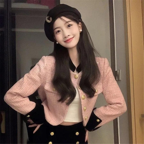 Pink Korean Spliced Crop Tweed Jacket Women-Veeddydropshipping