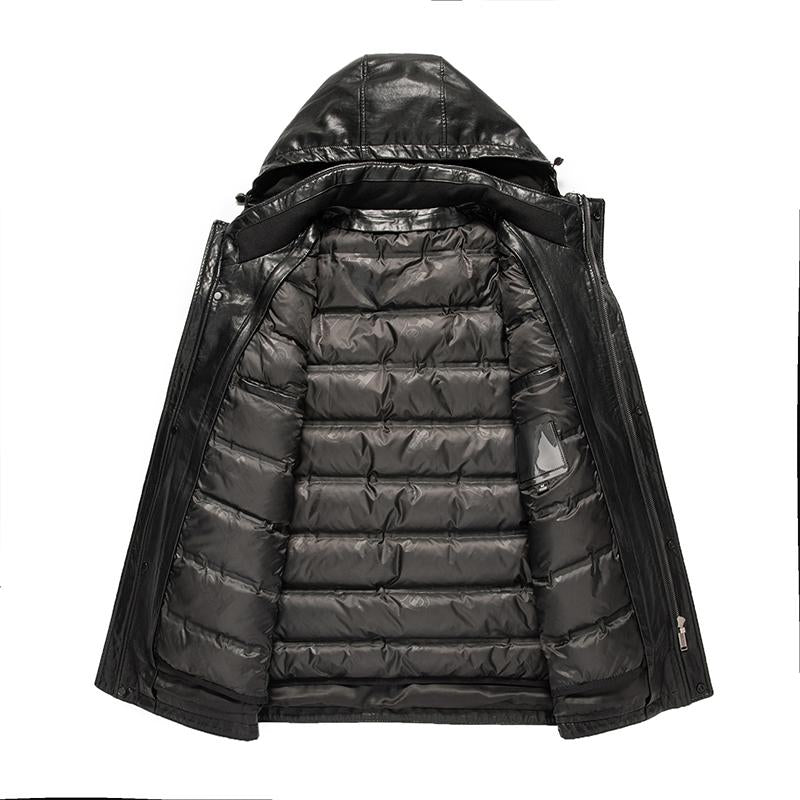 Grade Men&#39;s Hooded Natural Leather Down Jacket Medium-MF01262-Veeddydropshipping