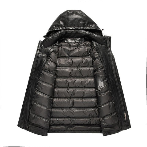 Grade Men&#39;s Hooded Natural Leather Down Jacket Medium-MF01262-Veeddydropshipping