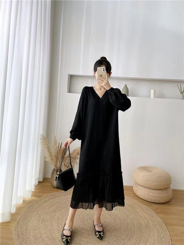 Casual Loose Maternity Dresses Chiffon Pleated Long Pregnancy Dress-TB00618-Veeddydropshipping