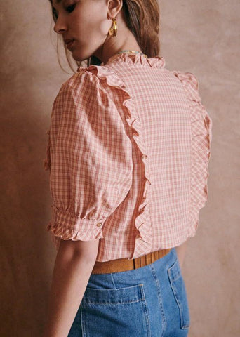 Retro Plaid Single-breasted Shirt Puff Sleeve Ruffled Round Neck-WF00288-Veeddydropshipping